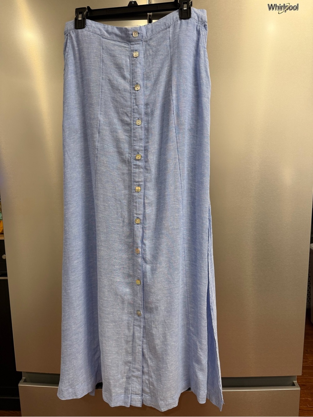 C & C California 100% Linen Maxi skirt in blue with buttons and side slits